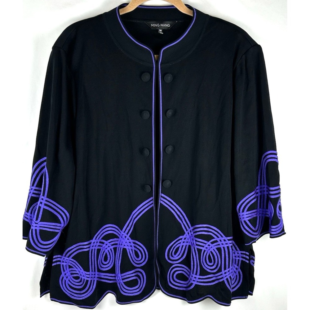 Ming Wang Purple Black Embroidered Knit Cardigan Jacket Plus 3X Open 3/4 Sleeve